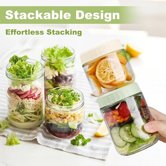 SHOWIN Overnight Oats Containers with Lids, 10oz Glass Jars with Lids 4 pcs, Light Green, Wide Mouth Mason jars for Salad, Yogurt, Snacks, Meal Prep