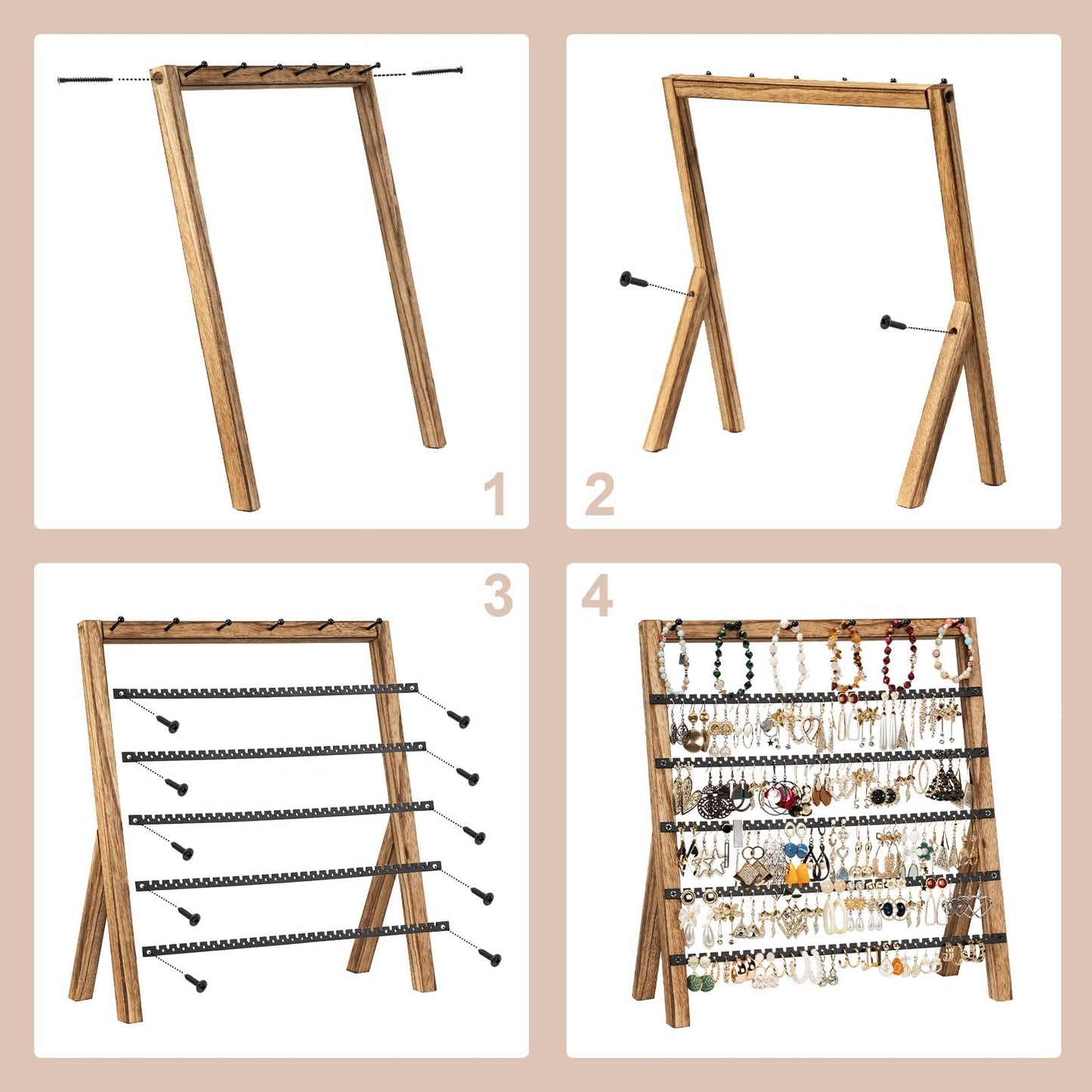 Emfogo Earring Holder Organizer, 6 Tier Earring Display Stand with 285 Holes & 6 Bracelet Rods, Rustic Wood Jewelry Organizer for Earring Bracelet Necklace Ring, Gifts for Women (Rustic)