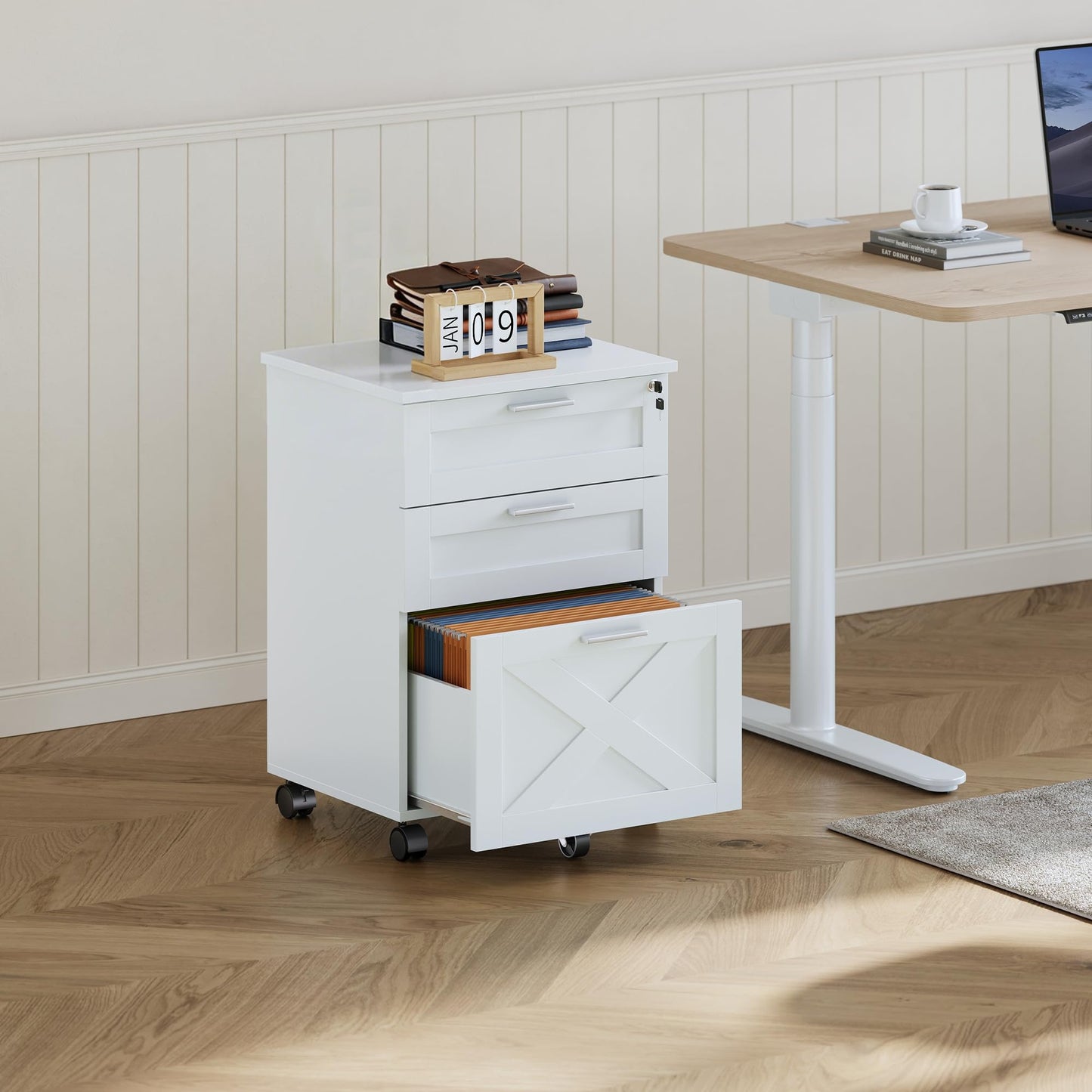 GAOMON 3 Drawer Mobile File Cabinet with Lock, Under Desk Wooden Filing Cabinets for Home Office Organizer Letters/Legal/A4, White
