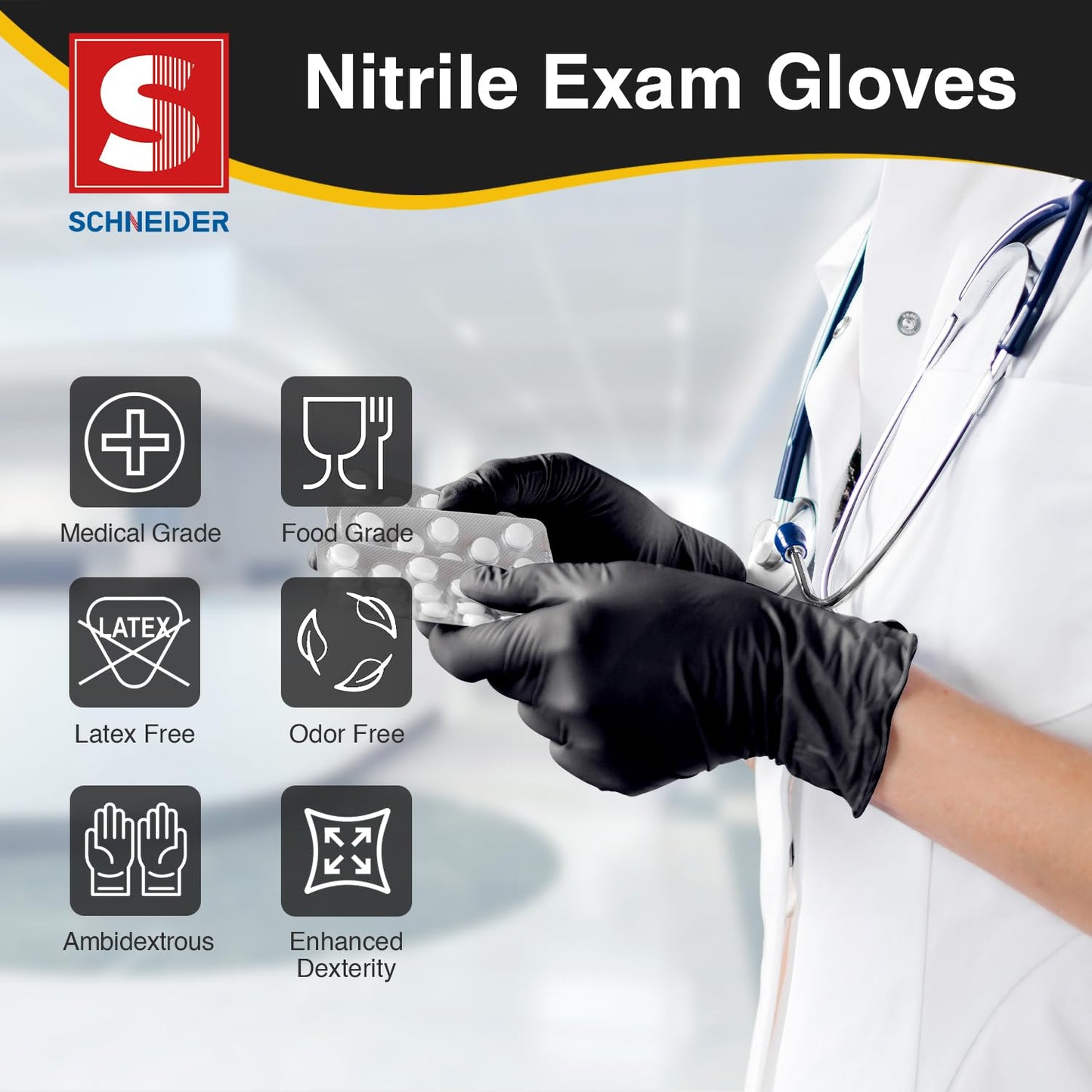 Schneider Gloves Disposable Latex Free, Black Nitrile Gloves Medium Powder Free for Medical, Cooking, Cleaning, Food Prep