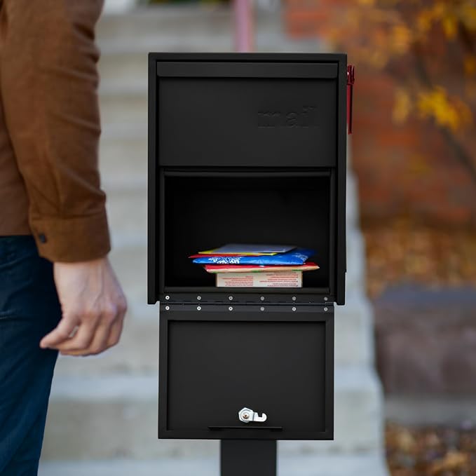 Adoorn Lockable Post Mount Mailboxes for Outside - Large Anti-Theft Locking Mailbox for Packages and Letters - Weatherproof Construction - Durable Steel - 15.5" H x 12" W x 18.5" D - Black