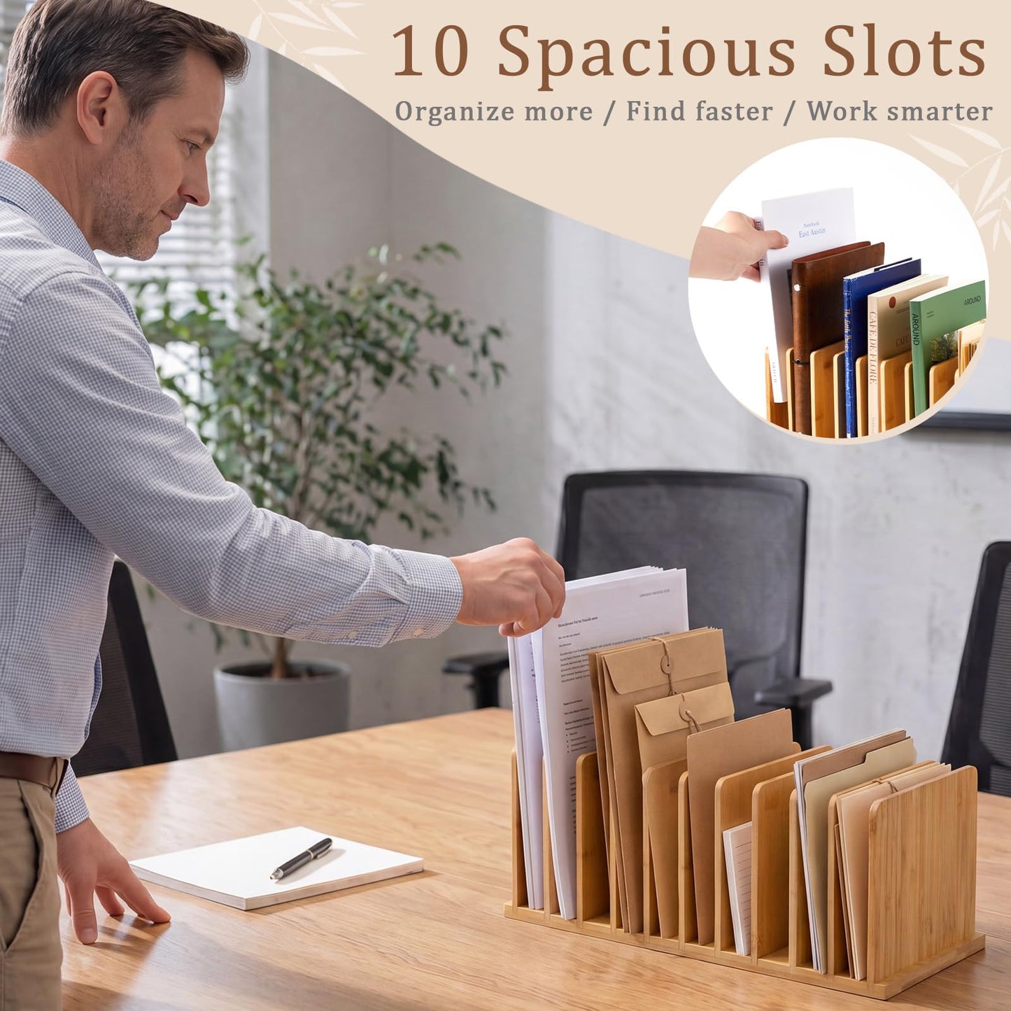Suzile Bamboo File Organizer for Desk, 10 Slot Vertical File Sorter, Desktop Mail Holder, Wooden Office Desk Organizer Countertop Paper Holders for Documents, Letters