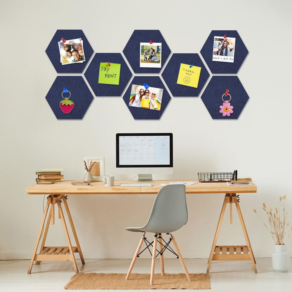 8 Packs Navy Blue Hexagon Felt Pin Board, 12" Bulletin Board with 30 Push Pins, Felt Board for Home Kitchen Office Decor, Self-Adhesive Corkboard Tiles for Walls Message Photos Memos Display