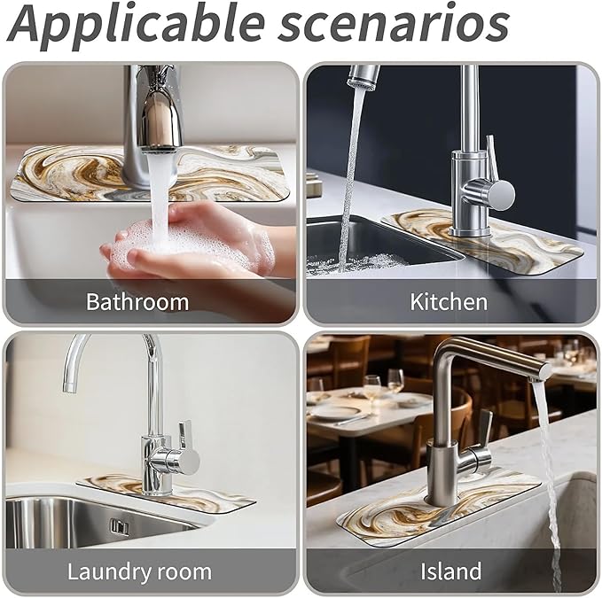 Kitchen Sink Splash Guard,White-grey gold marble Faucet Mat Sink Gadgets-Super