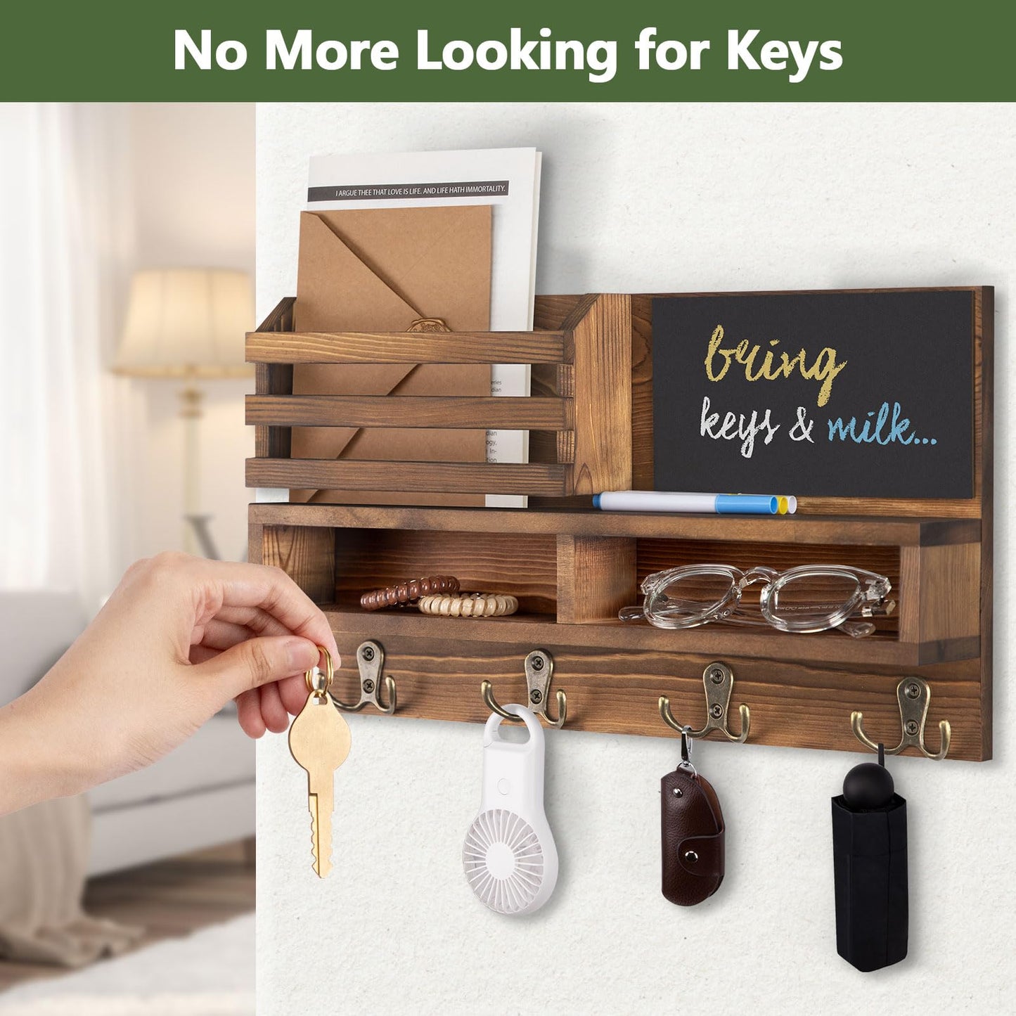 FIPUTE Key Holder for Wall, Wall Mounted Mail Holder Wooden with Shelf & 3 Liquid Chalks & Chalkboard, Mail Sorter Organizer, Rustic Home Decor (15.98”W x 9.1”H x 3.3”D), Burnt Brown