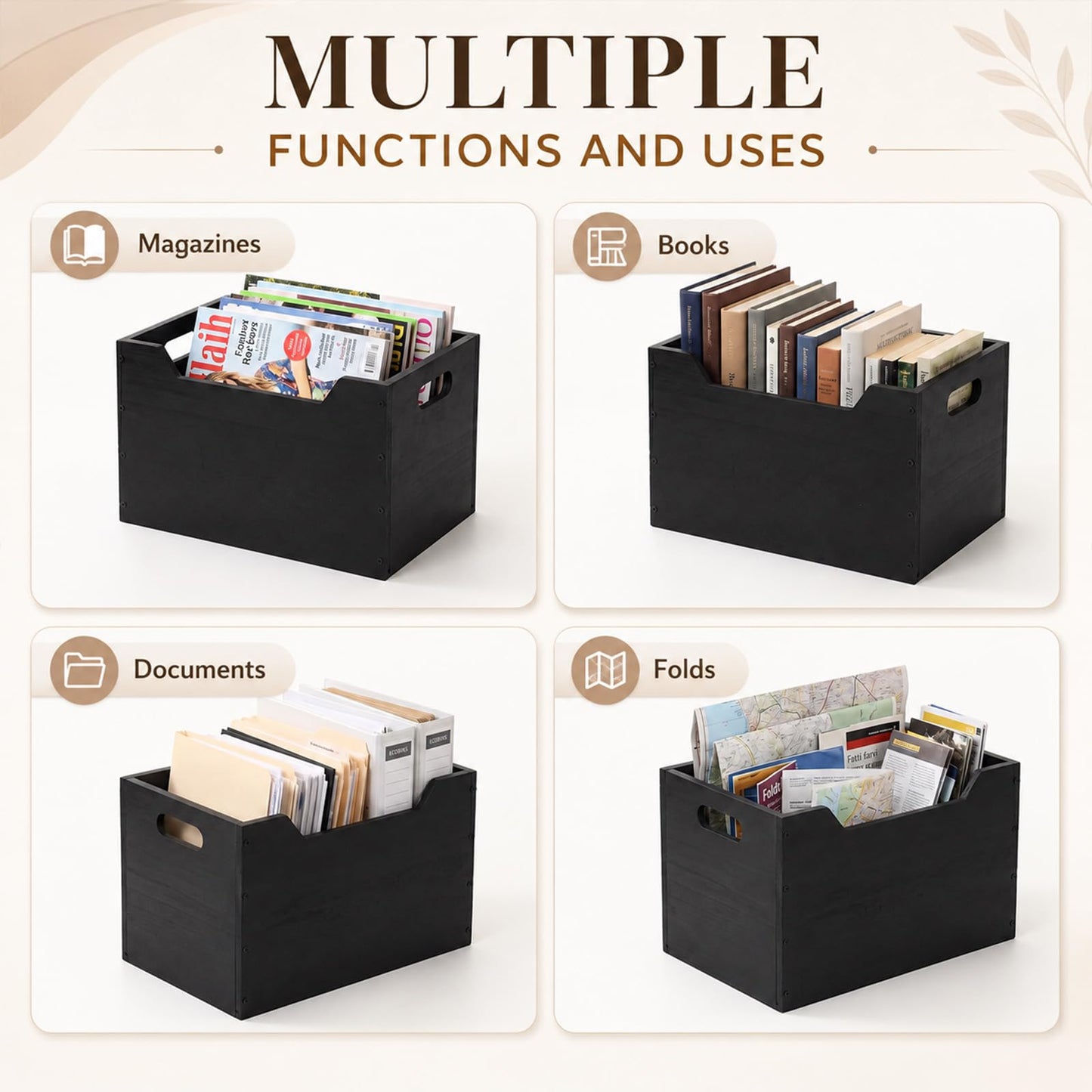 Gerrii 2 Pack Wood File Organizer Box, 12.6 x 8.5 x 10.2 Inch Black Desktop Document Storage Crate with Handle Slot, Assembling Magazine File Holder Bins for Countertop Home Office