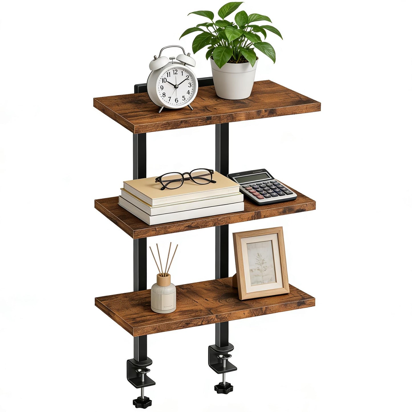 MAHANCRIS Clamp On Desk Organizer, 3-Tier Desktop Bookshelf, Adjustable Desk Storage Shelf, Metal Frame, for Office, Study and Game Room, Rustic Brown DSHR3601