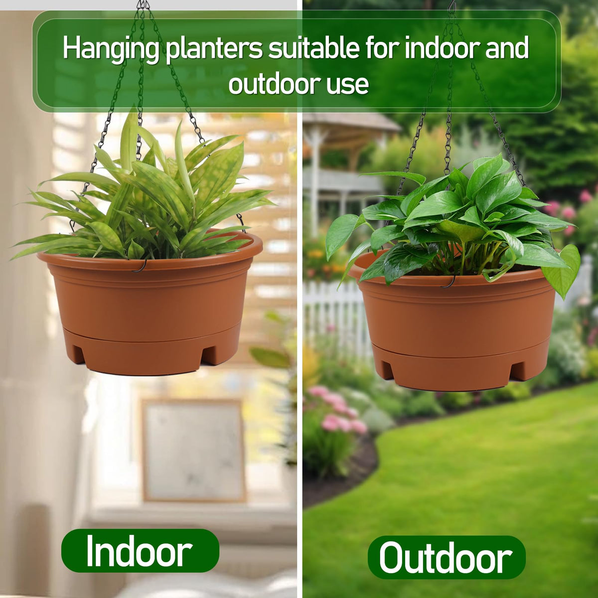 12 Inch Large Hanging Planters for Ootdoor Plants, 4 Pack Plastic Hanging Basket Pots with Drainage Trays & Chain, Hanging Pots for Plants Indoor Outdoor Garden Balcony Decoration (Terracotta)