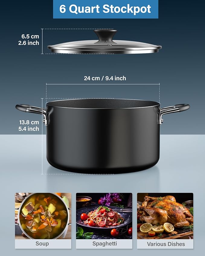 Cook N Home Professional 6 Quart Nonstick Stock Pot with Lid, Riveted Handles, Soup Pot for Holiday Feasts, Stockpot with Even Heating, Induction Cookware, Oven & Dishwasher Safe, Black