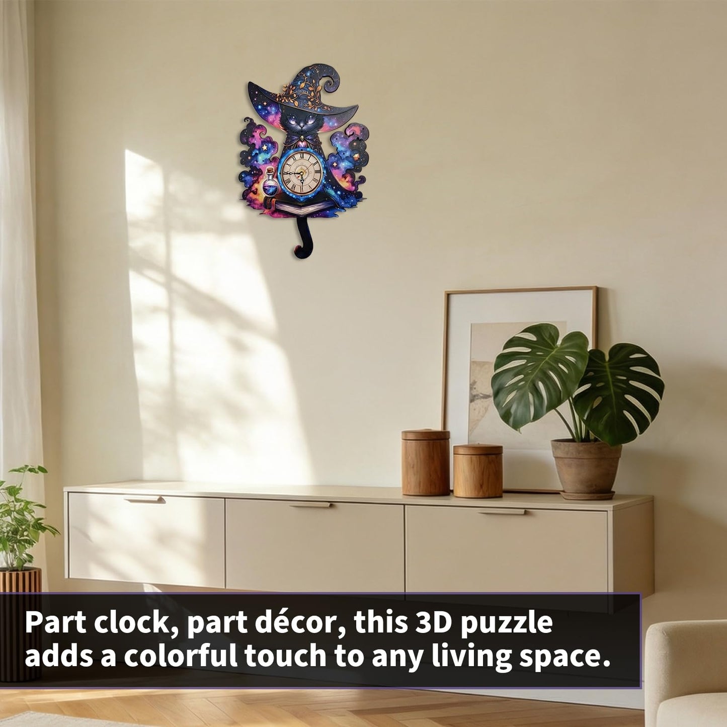 NIUNIUAMY 3D Wooden Puzzle Clock DIY Mechanical Model Kit, Wooden Desk & Wall Clock with Pendulum, Adult Crafts Model Clock Kit, Laser Cut Wood Assembly, Fantasy Cat Wizard Galaxy Decor, Unique Gift