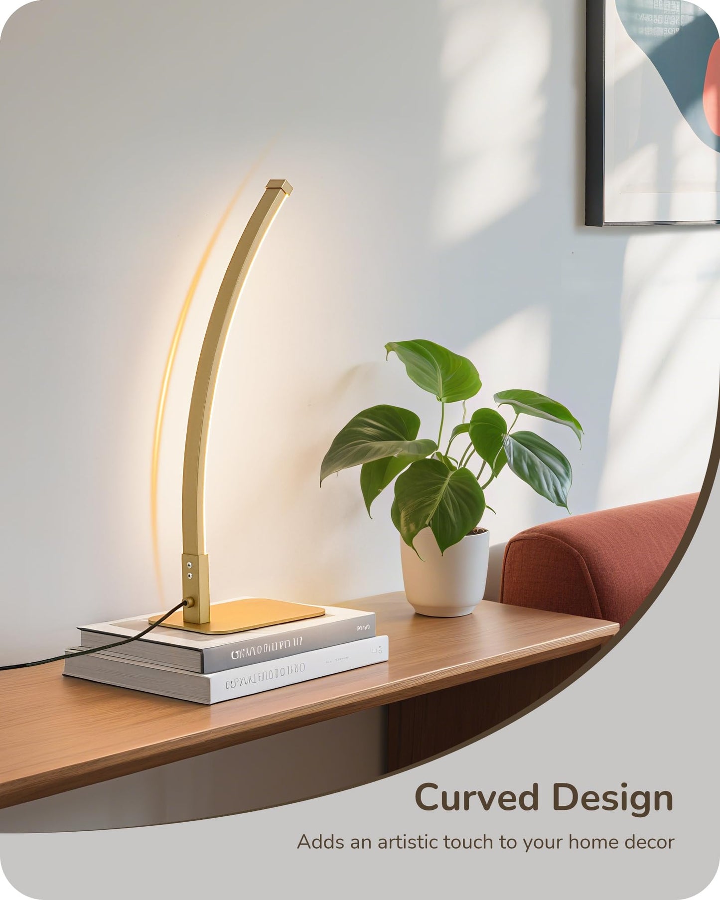 EDISHINE Curved LED Table Lamp, Modern Bedside Lamp with 3 Color Temperature & Stepless Dimming, Aluminum & Iron, Nightstand Lamp for Bedroom, Living Room, Gold