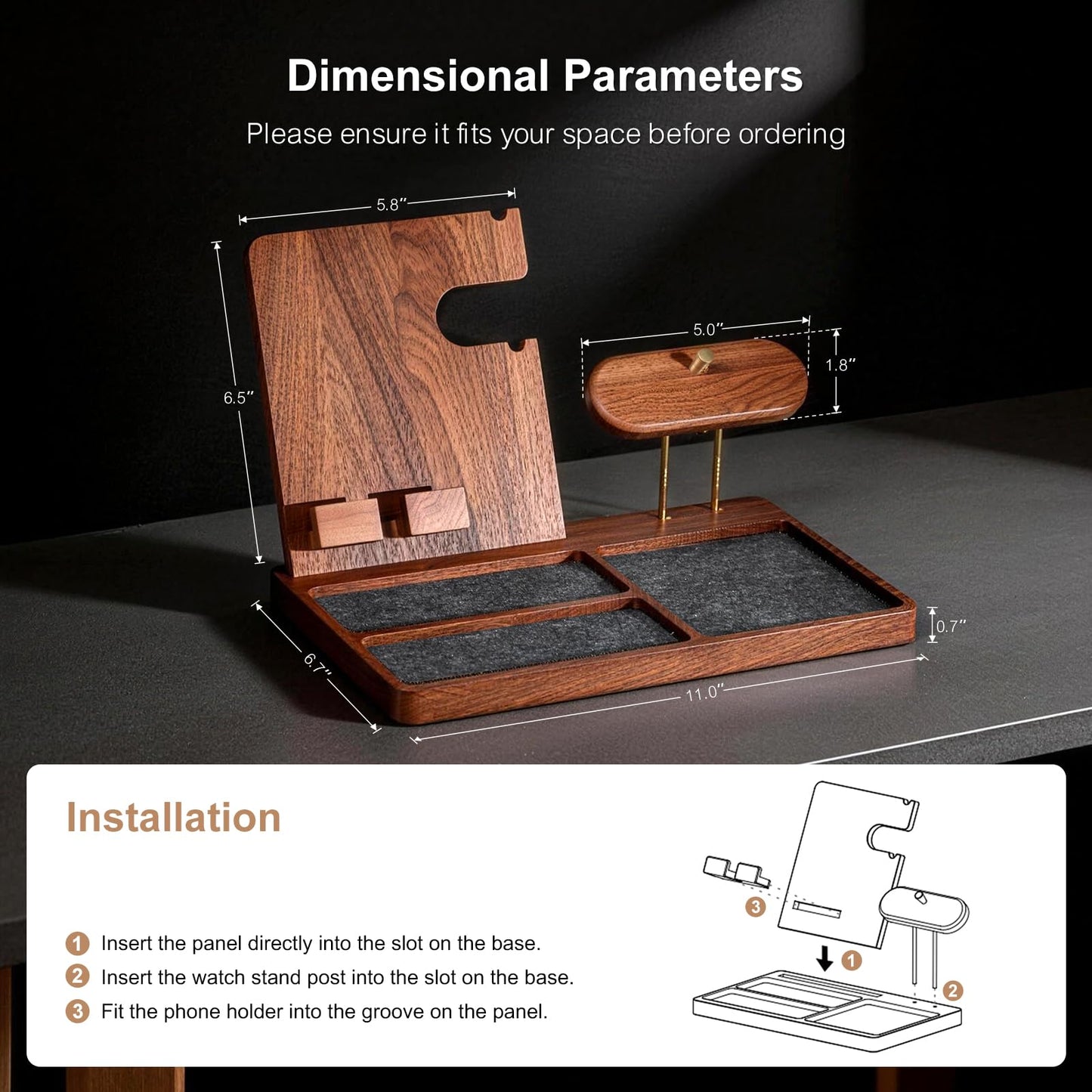 IKIKAKI Wood Nightstand Organizer for Men, Fathers Day Gift for Dad Husband, Birthday Anniversary Retirement Idea, Desk & Bedside EDC Tray for Key Wallet Watch