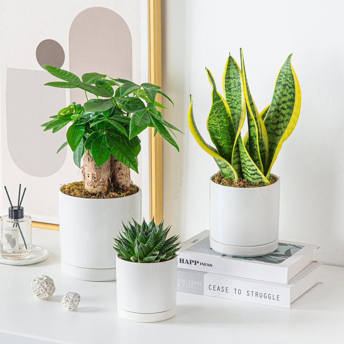 vancasso Ceramic Plant Pots, 3 Piece Planters for Indoor Plants, 4.25+5.25+6.25 Inch Flower Pots with Drainage, Plant Pots Indoor for Succulent, Pothos, Snake Plant and Money Tree, Etc (White)