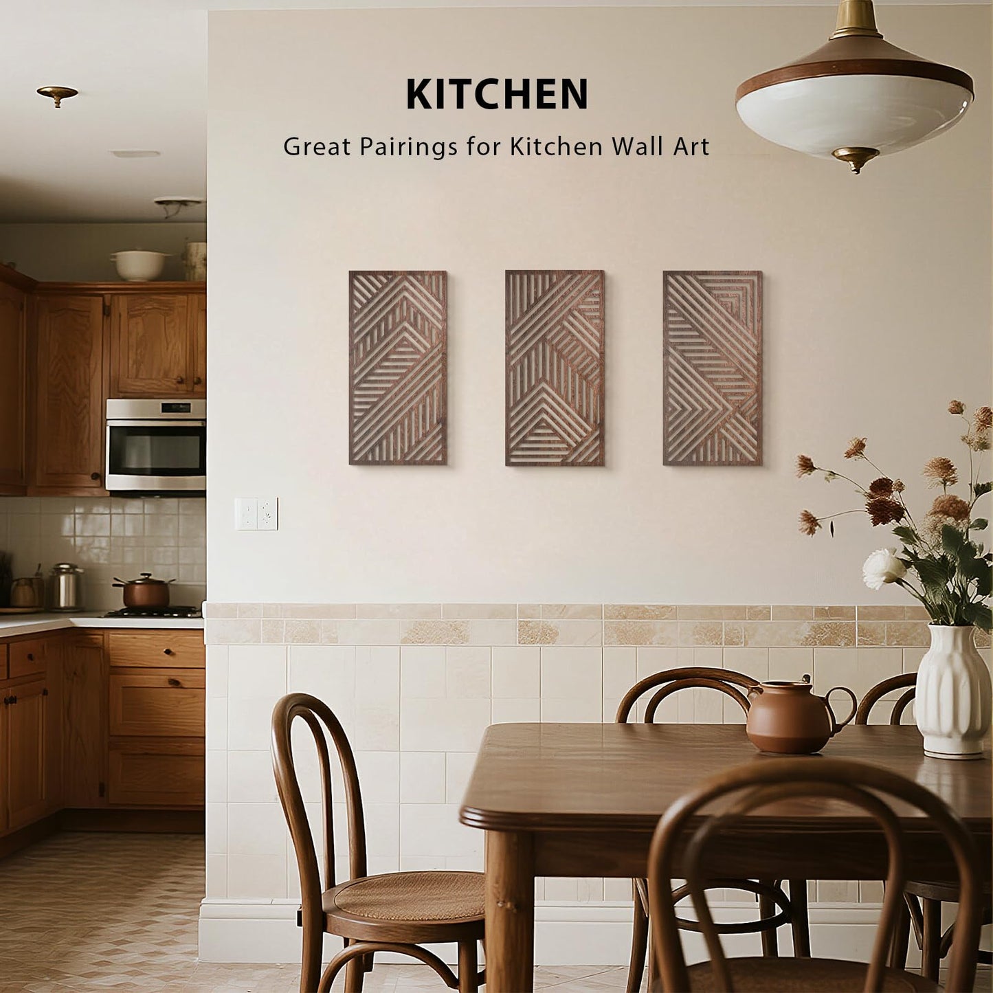 VIYYIEA Boho Solid Wood Carved Wall Art Set of 3, Geometric Minimalist Wooden Home Decor Panels, Handcrafted Solid Wood Wall Hanging for Living Room Bedroom Hallway, 16 x 8 Inch Each (Sunset Brown)