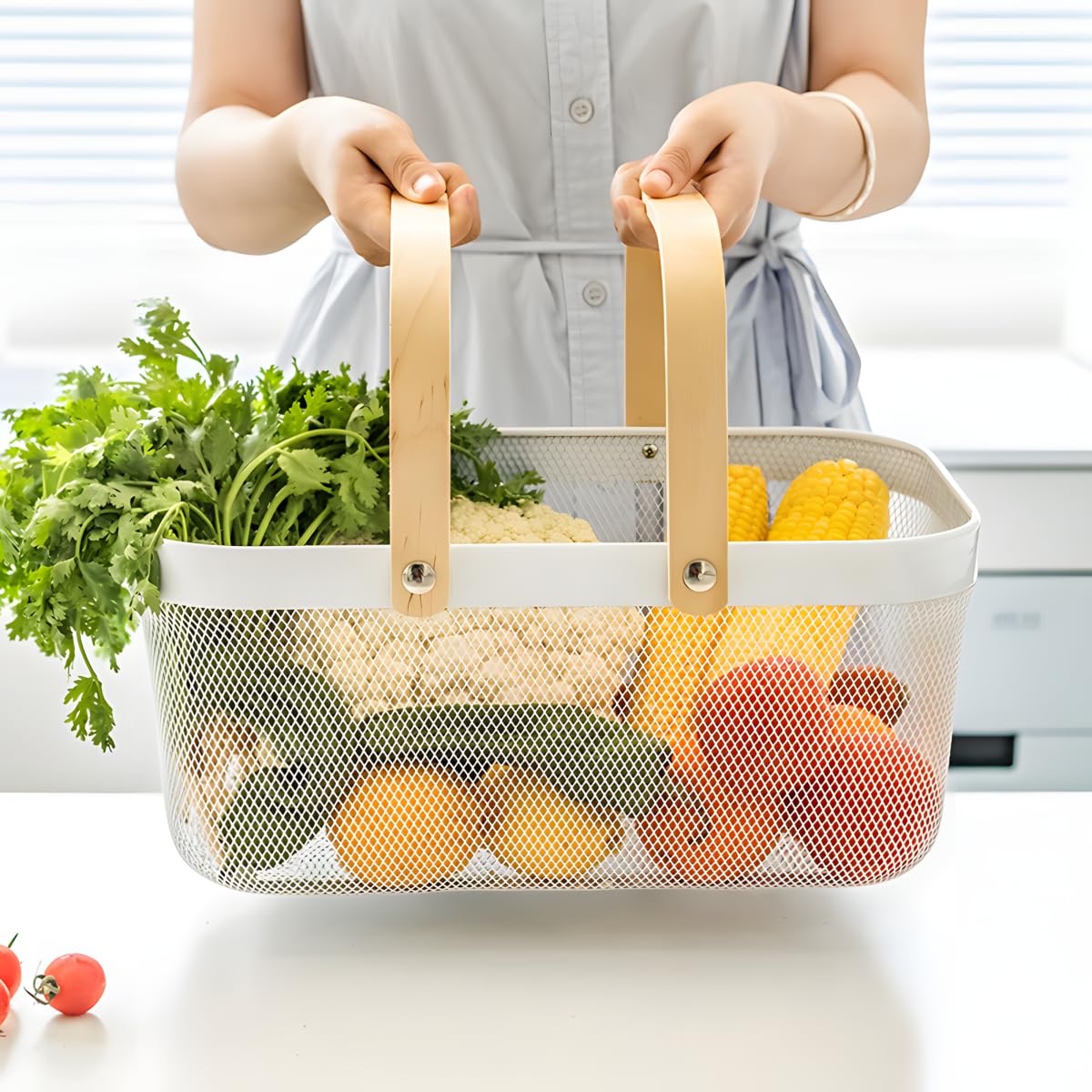 Ymeibe Wire Mesh Storage Organizer Basket Portable Garden Harvest Basket Fruit Basket Bin with Wood Handle Ideal for Kitchen Picnic Pantry Cabinets Storage Home Decor (Cold Gray)