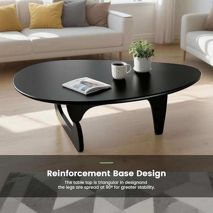 Solid Wood Triangle Coffee Table,Unique Mid Century Modern Oval Coffee Table,Irregular Geometric Tea Tables for Home Living Room with Wooden Tabletop and Reinforced (Black, 33" L x 24" W x 16" H)