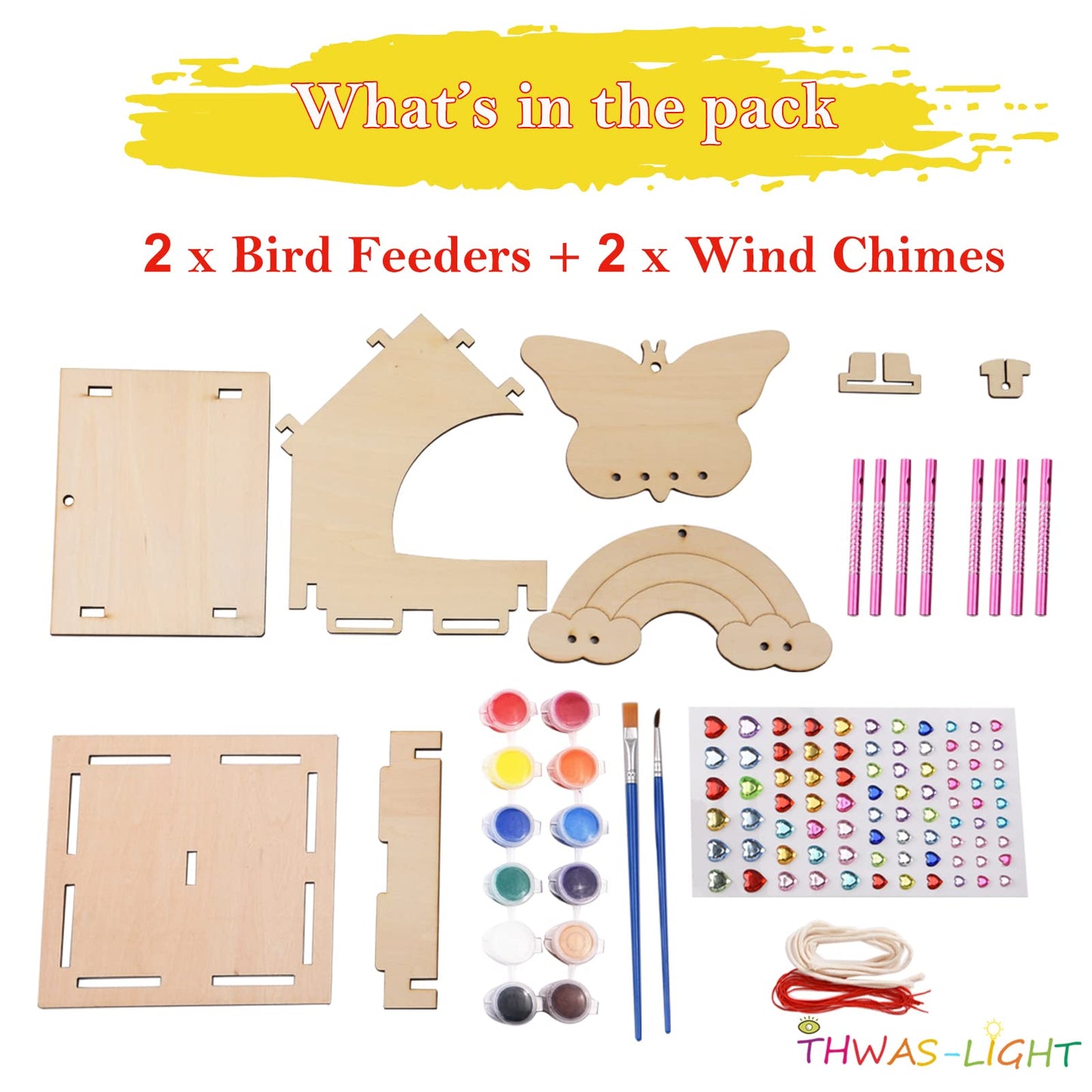 THWAS-LIGHT Wooden Arts and Crafts for Kids - 2 Pack Bird Feeder Wind Chime DIY Kids Crafts - Build and Paint Educational Fun Art Activities Gifts Outside Toys for Boys Girls Ages 3-5 8-12 6-8