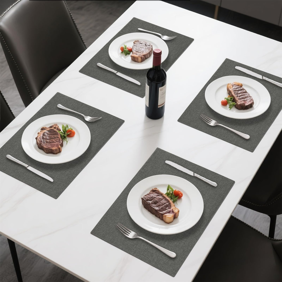Linen Cloth Double Layers Placemats, Cotton Woven Placemats Set of 6, Kitchen Table Farmhouse Decor Heat Resistant Table Mats, Outdoor Indoor Square Fabric Place Mats Can be Washable (Dark Gray)