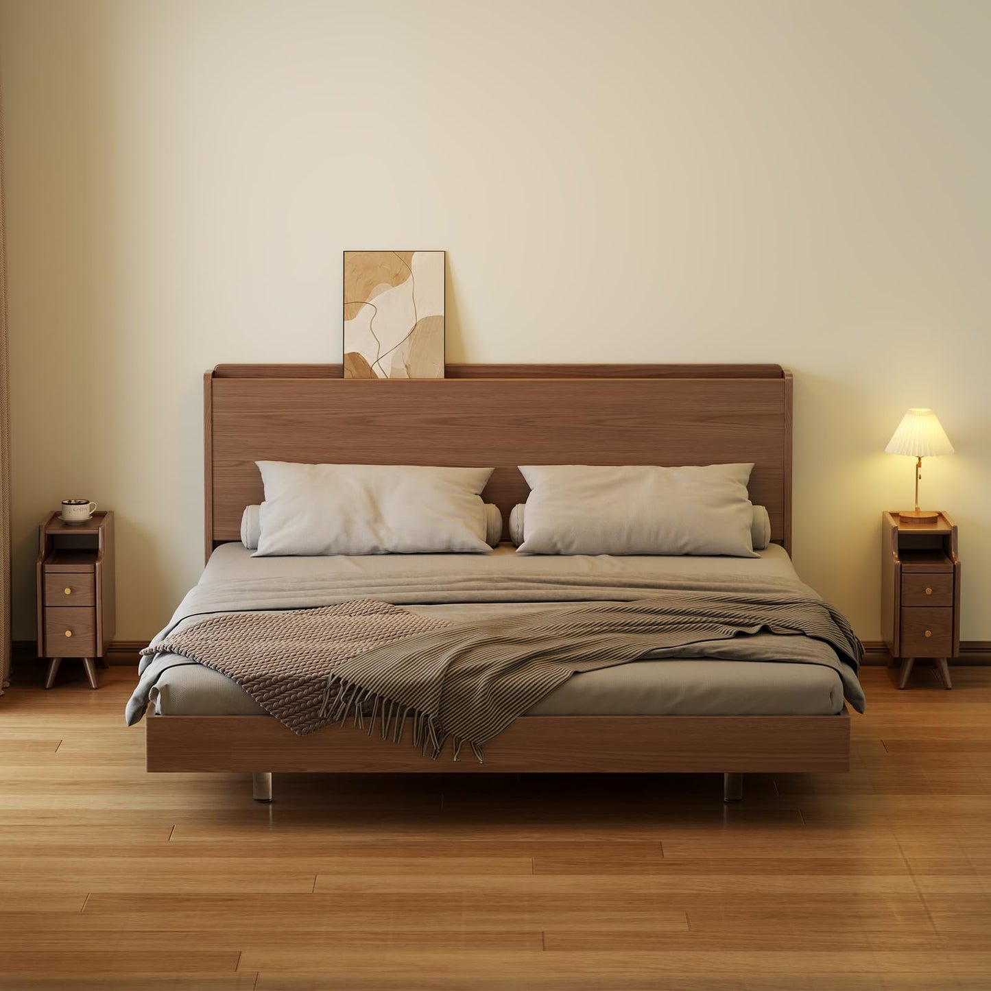 AQIMUELE Small Nightstand with Drawers, Solid Wood Bedside Table, Narrow Walnut Nightstand for Bedroom