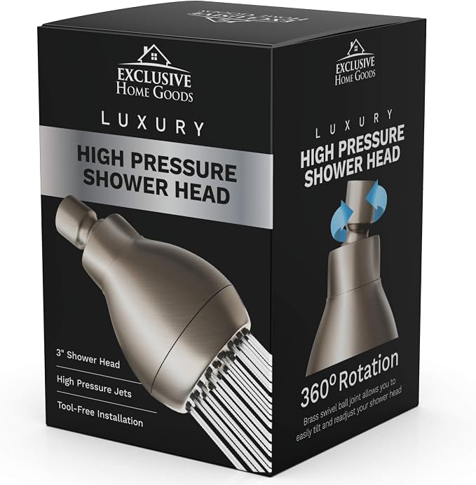 High Pressure Shower Head - Powerful Deluxe Bathroom Showerhead with Strong Spray Stream and Small Silicone Nozzles - Universal Fit Works with High and Low Water Flow Showers (Brushed Nickel)-1.8 GPM