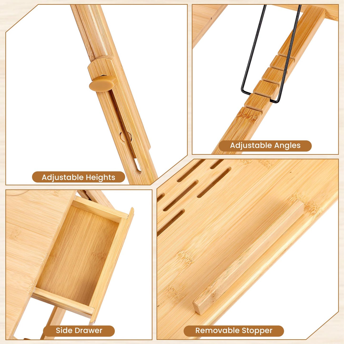 Bambition Bamboo Laptop Desk for Bed, Adjustable Height and Angle, Foldable Lap Desk with Cup Holder and Drawer, Portable Bed Table Tray for Writing Reading Drawing or Breakfast