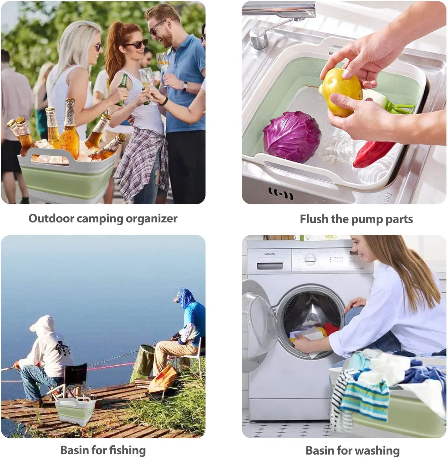 Ikaufen 2PCS Dishpan for Washing Dishes, 9L(2.4Gallon) Collapsible Wash Basin with Drain Plug Carry Handles, Collapsible Bucket for Cleaning, Vegetable Washing, RV(Green + Grey)