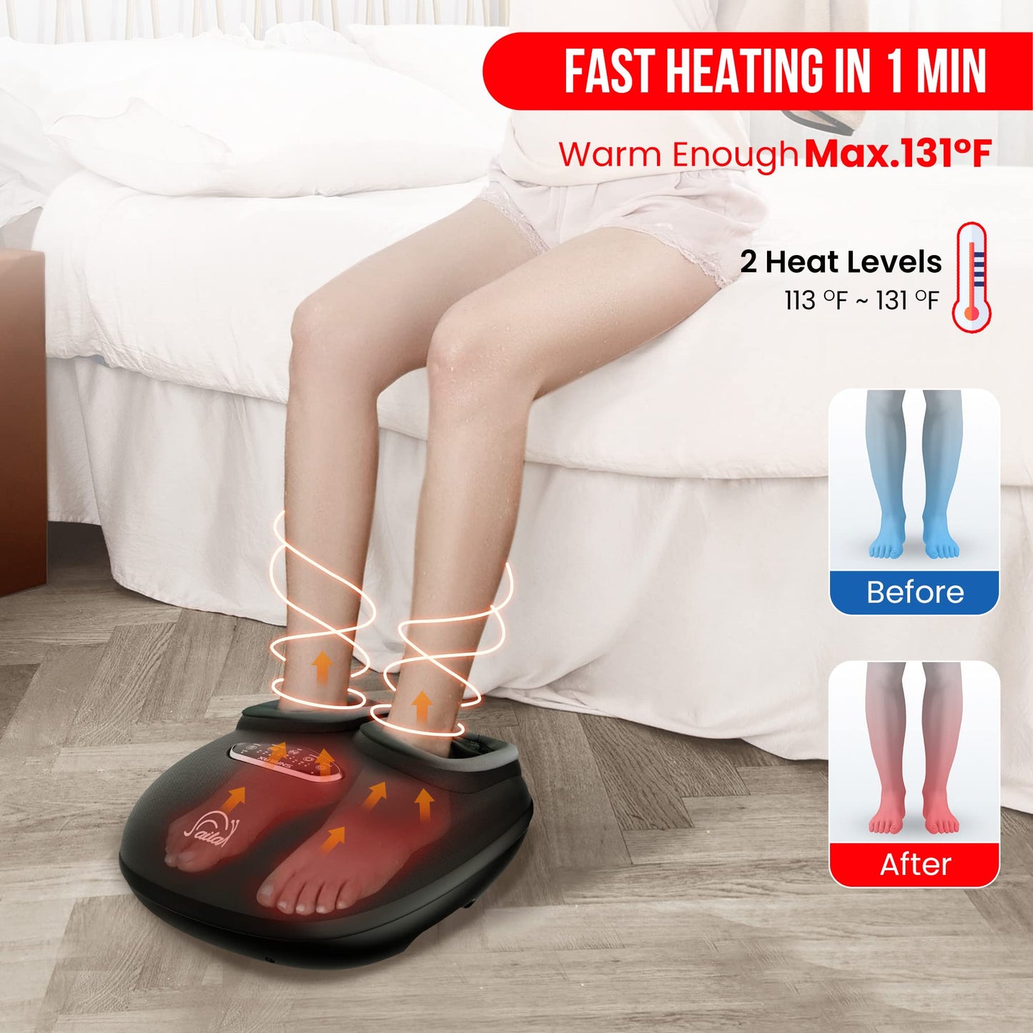 Snailax Shiatsu Foot Massager with Heat, Deep Kneading, Compression, Vibration, Feet Massager Machine for Plantar Fasciitis, Neuropathy, Foot Warmer Under Desk, Size 13, Gifts for Men, Women