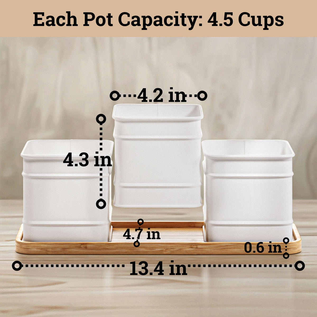 Herb Planter Indoor - 3 Iron Herb Pots with Drainage Holes, Varnished Bamboo Tray, Customizable Labels & Marker Pen - Indoor Herb Garden Planter - 3 Pots for Herbs - Inside Spice Garden - Basil Pot