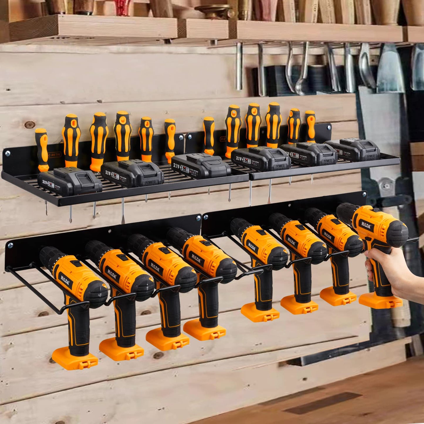 UU-Major Power Tool Organizer with Charging Station, Drill Holder, Wall Mount, Garage Storage Shelves, Heavy Duty Pegboard Wall Organizer Set, Solid Metal, Black, 2 Pack, 4 Set