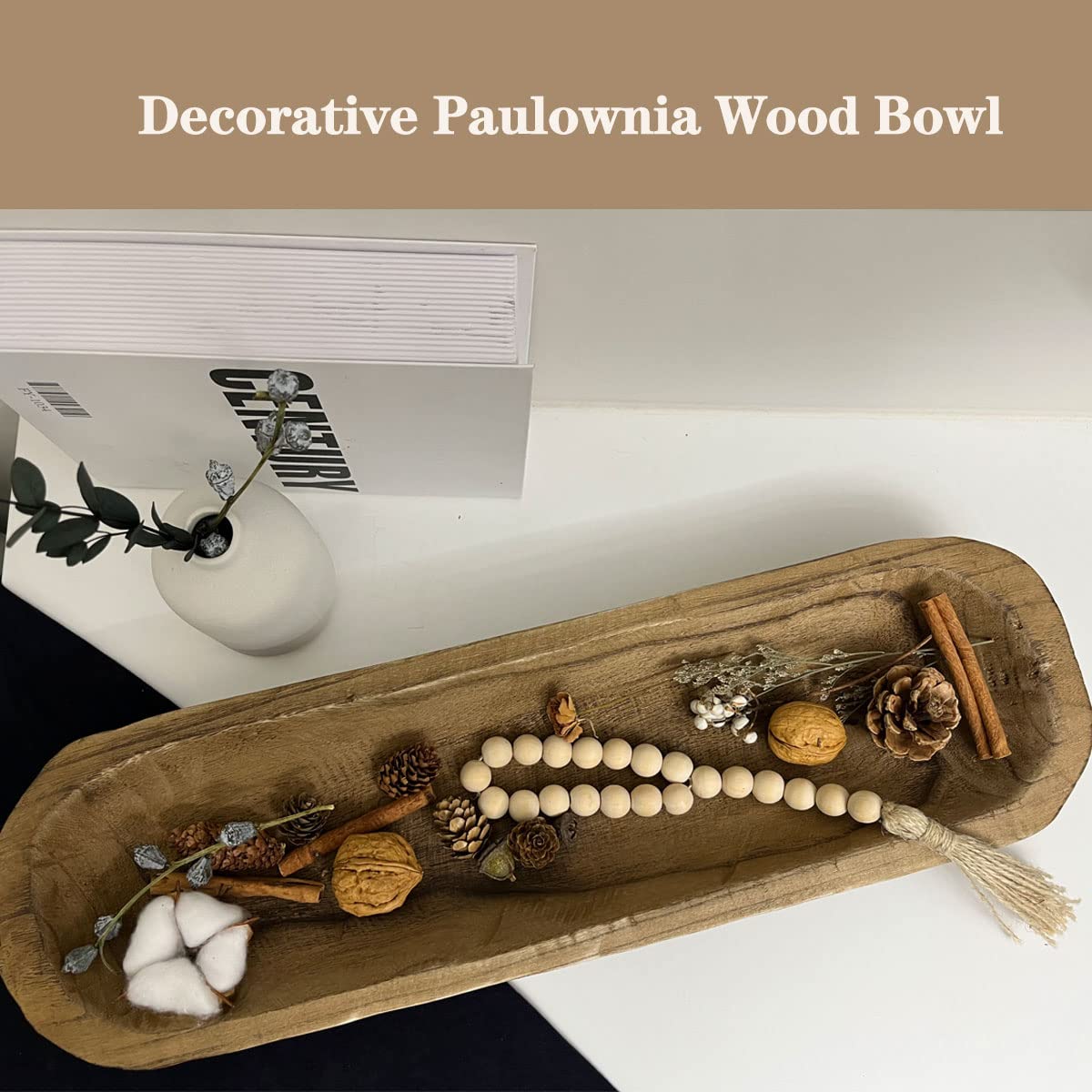 BEDAZE Wooden Dough Bowls Decorative,Rustic Bread Long Bowls Decor Wood Tray, Hand Carved For Table Centerpiece Decor, Home Decor (20 * 6 * 2 inch Brown)