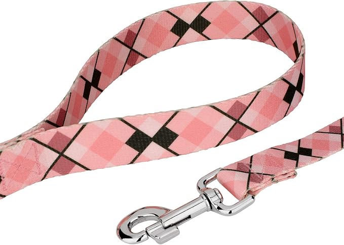Country Brook Petz - Pink and Brown Argyle Everyday Dog Collar and Leash Limited Edition - Plaid and Argyle Collection Featuring Charming Designs (5/8 Inch, Small)