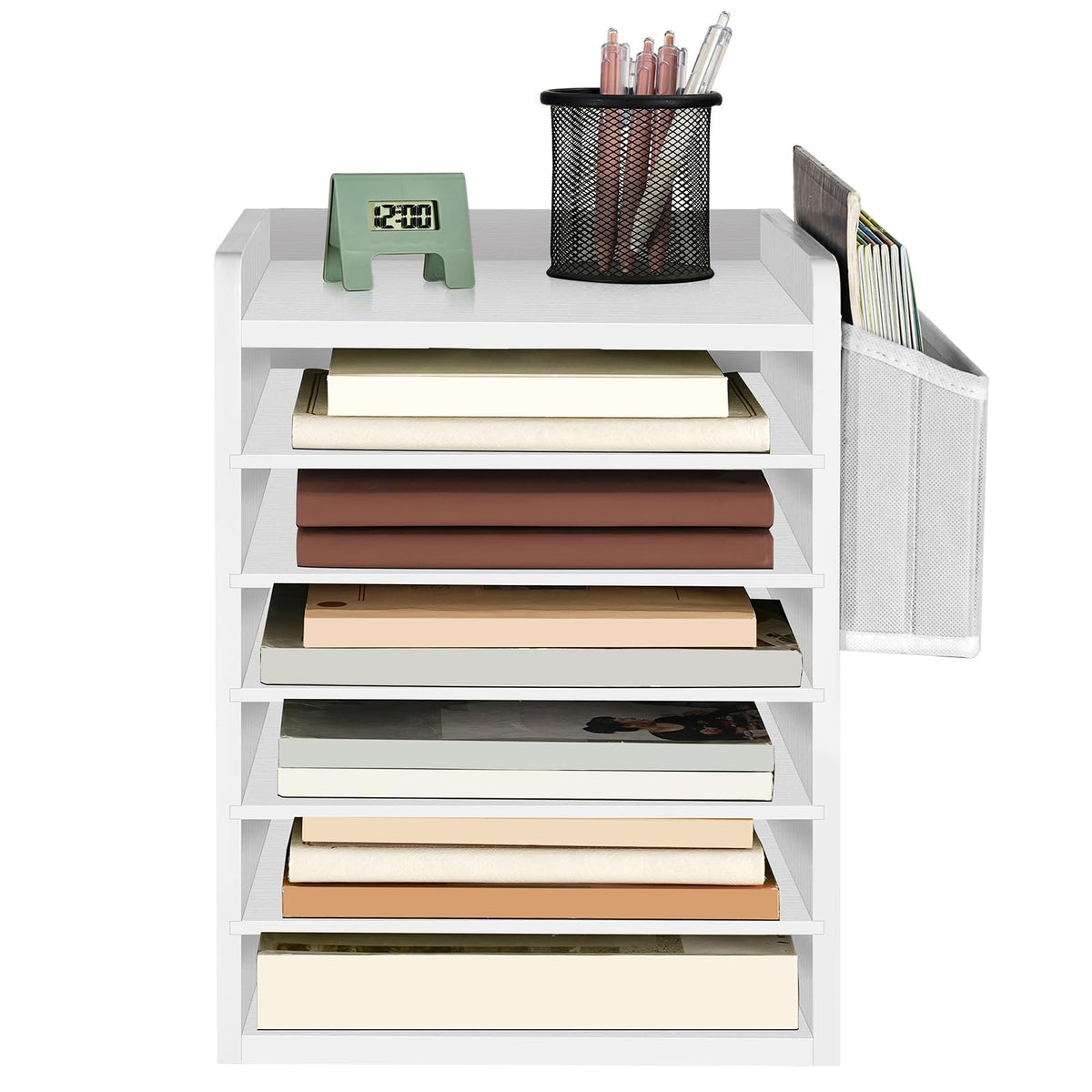 HOOBRO Adjustable Countertop Mail Sorter, 6 Tier Wooden Paper Organizer, Vertical Literature Organizer with Side Storage, Office Mailbox Cubbies, Classroom Mailbox, for Home, Office, White WT34WF01