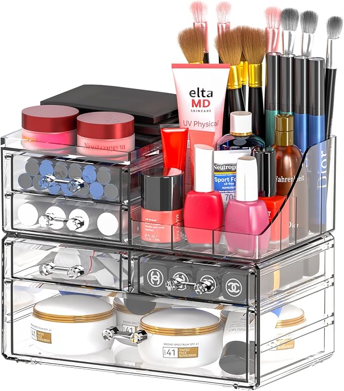SUOXING Clear Acrylic Makeup Organizer for Vanity,Bathroom,Dresser,5 Drawer Make up Organizers for Counter,Plastic Countertop Makeup Storage for Beauty,Hair Accessory,Brush,Cosmetic,Skincare Organizer