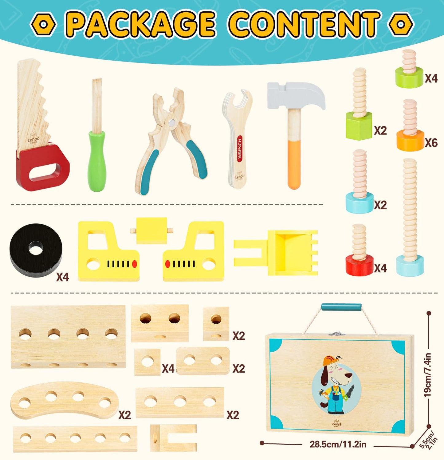 Lehoo Castle Kids Tool Set with Toolbox, Wooden Toys for 3 4 5 Years Old Boy Birthday Gift, Construction Play Tools, STEM Learning Toys for Preschooler, Pretend Play Gifts for Christmas