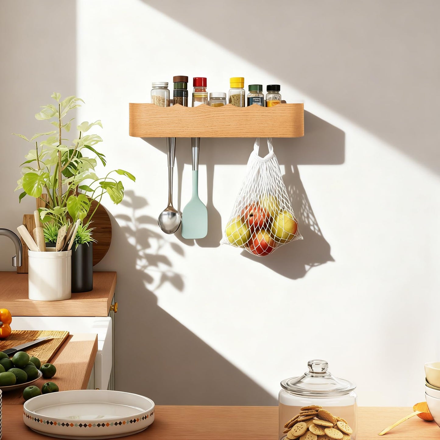Coat Rack Wall Mount with Shelf Entryway Shelf Modern Key Holder Hanger Wall Shelves with Hidden Hooks for Hanging Towels Coats Hats Bags for Hallway Bathroom Bedroom(Wavy Oak, 5 Hooks)