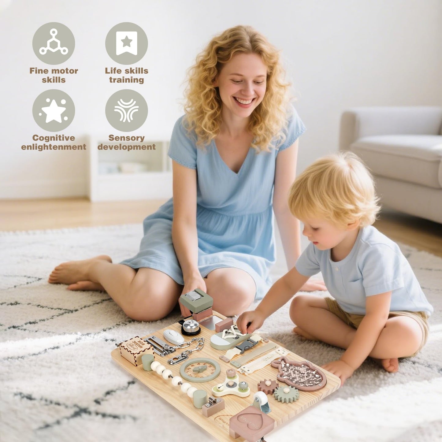 Joyreal Large Wooden Busy Board for Toddlers with Foldable Stand, 16-in-1 Montessori Sensory Toys Activity Learning Board with Music Box, Educational Gift for 1 2 3 Year Old Boys Girls