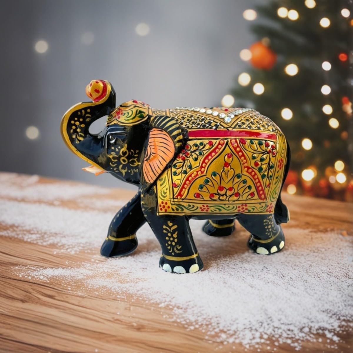 Handcrafted Wooden Elephant Figurine – Traditional Artwork, Gold & Gemstone Embellishments – Lucky Decorative Elephant Statue for Prosperity | Beautiful Elefantes Decorativos para Sala (Black & Gold)
