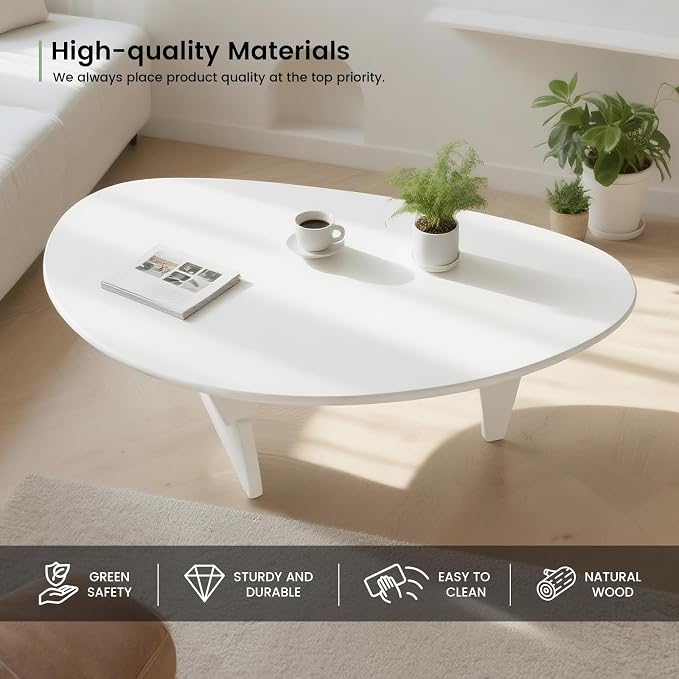 Solid Wood Triangle Coffee Table,Unique Mid Century Modern Oval Coffee Table,Irregular Geometric Tea Tables for Home Living Room with Wooden Tabletop and Reinforced Legs White 50" L x 31" W x 16" H
