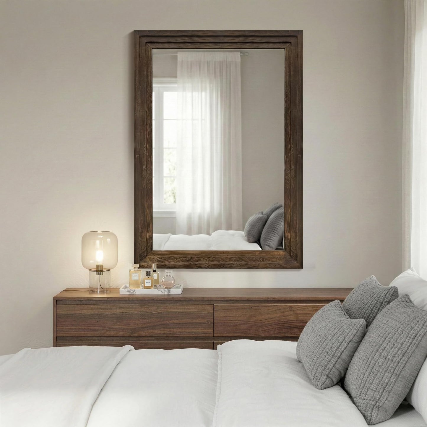 Wood Framed Mirrors for Wall, Brown Bathroom Vanity Mirror for Over Sink 24 x 36, Rustic Wall Mirror for Bathroom Sink Hallway Entryway Bedroom Living Room Farmhouse Boho Style
