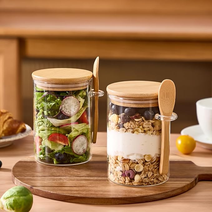 6 Pack Overnight Oats Containers with Bamboo Lids and Spoons - 22 oz Airtight Glass Jars with Lid, Meal Prep Jars for Chia Pudding, Yogurt, Salad, Cereal, Coffee, Flour | Food Storage Canister