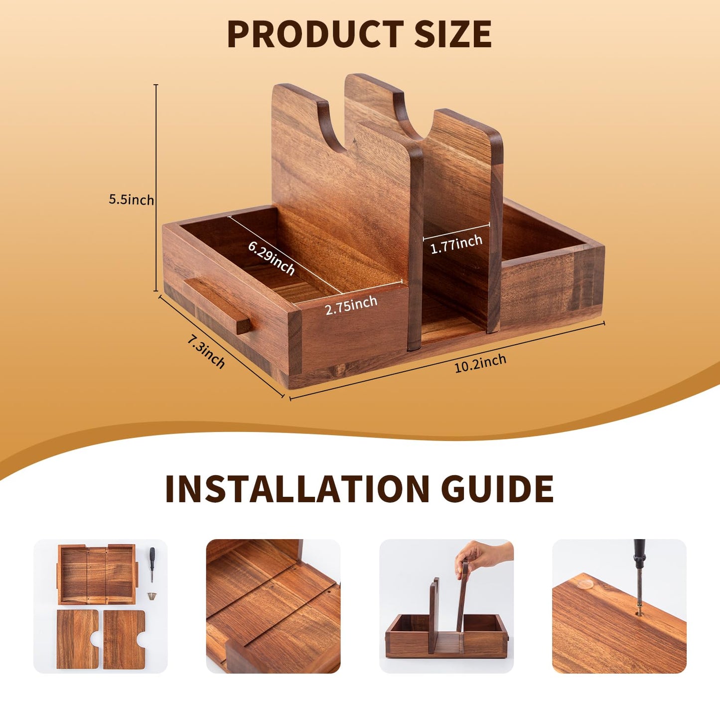 GinSent Napkin Holder for Table, Wooden Napkins Holder with Salt and Pepper Shakers Caddy, Standing Paper Napkin Storage for Kitchen Countertop Dining Table Decor(Acacia Wood)