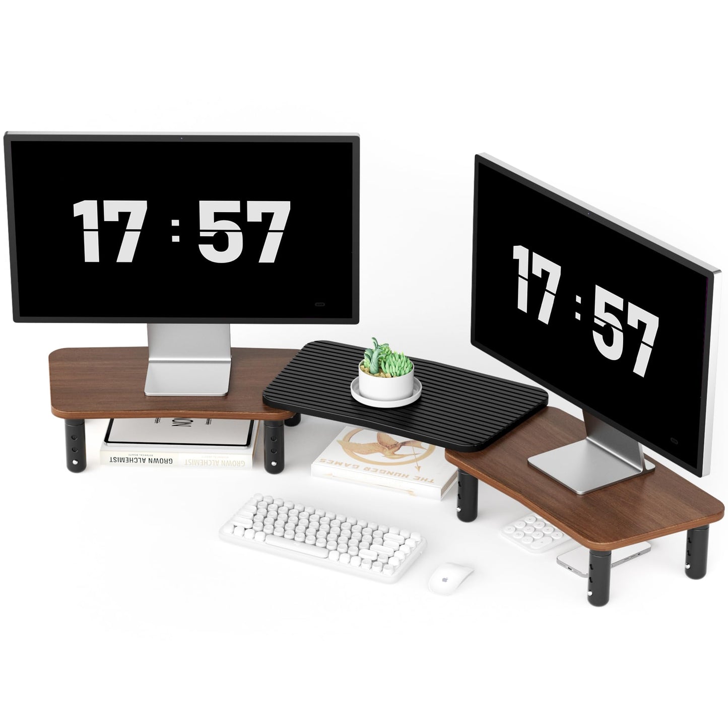 AFOOYO Dual Monitor Stand For Desk,Adjustable Height Long Wood Computer Riser For Computer,Laptop,Printer,TV,Walnut