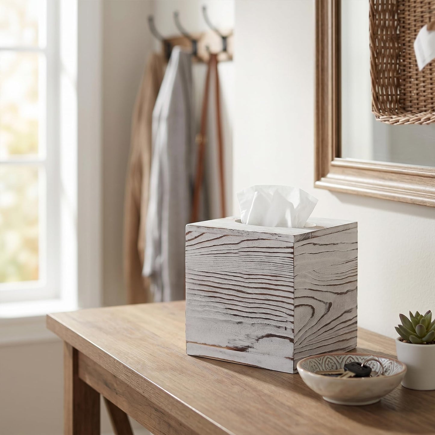 SENJEOK 2 Pack Wooden Tissue Box Cover Square, 5.5 x 5.5 x 6.1 Inch White Tissue Box Holder for Home Office Bathroom