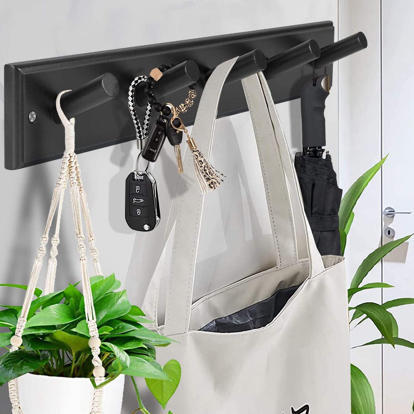 horkmous Wood Coat Rack Wall Mounted, 16'' Hole to Hole Wooden Peg Rail for Wall Hangers, 5 Pegs Bamboo Wall Hook for Hanging Towels Hats Robes Clothes Keys, White