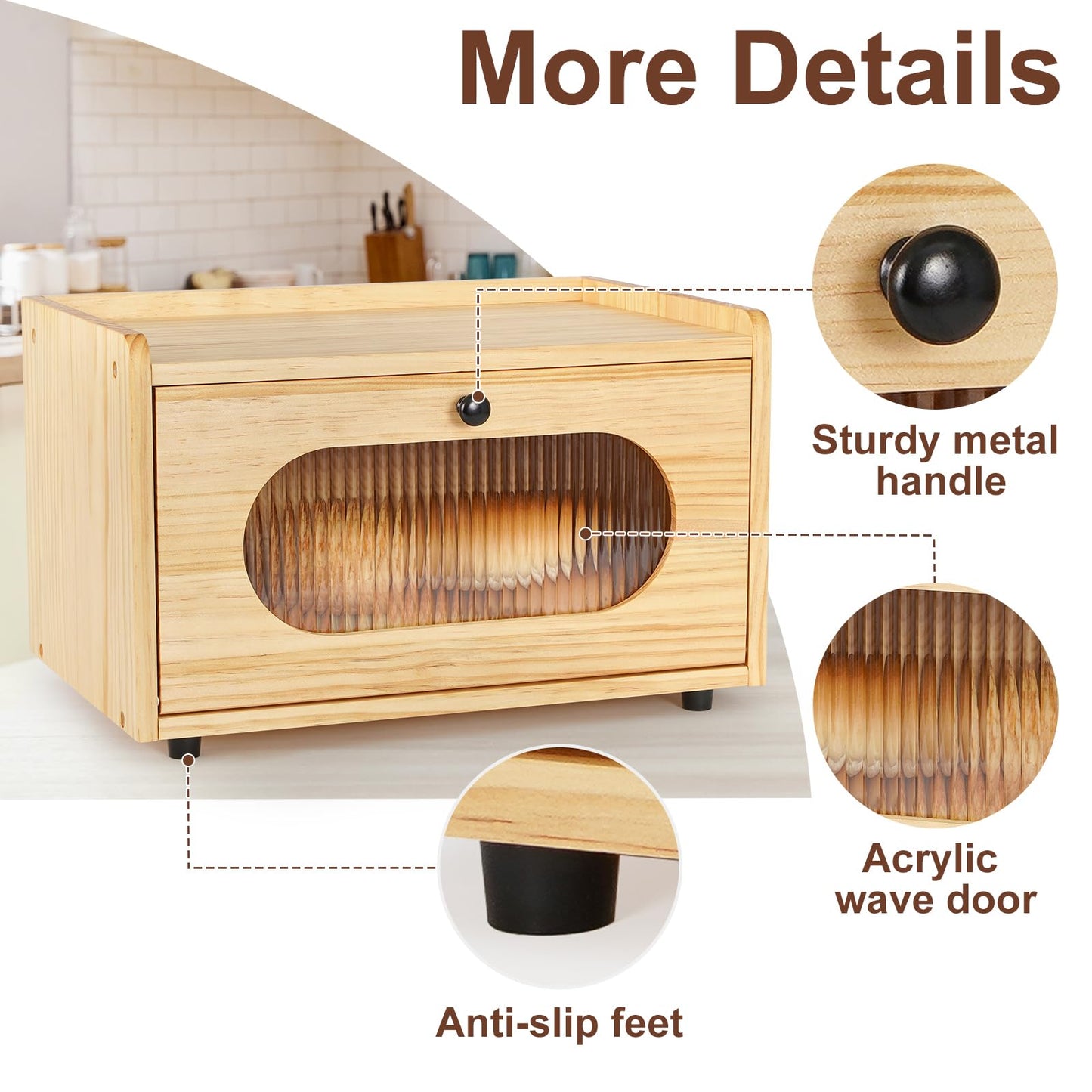 Sunhoo Double Layer Bread Box (L14.4in*W9.4in*H13.4in/Brown) and Single Wooden Bread Storage(L14.37in*W9.25in*H8.66in/Yellow) Rustic Bread Keeper Farmhouse Food Organizer Pantry Shelf Acrylic Window