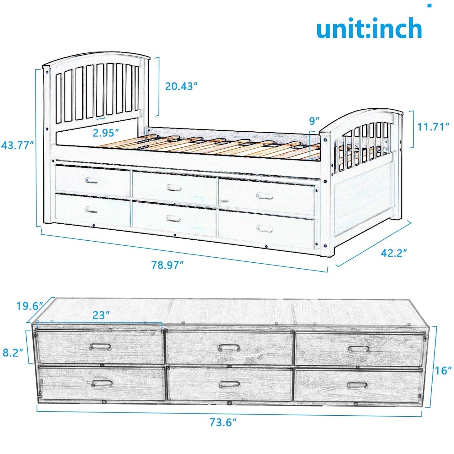 Merax Solid Wood Storage Bed with 6 Drawers, Wooden Slat Support, No Box Spring Needed