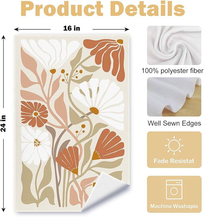 Abstract Boho Beige and White Floral Kitchen Towels Set of 2, 70s Retro Groovy