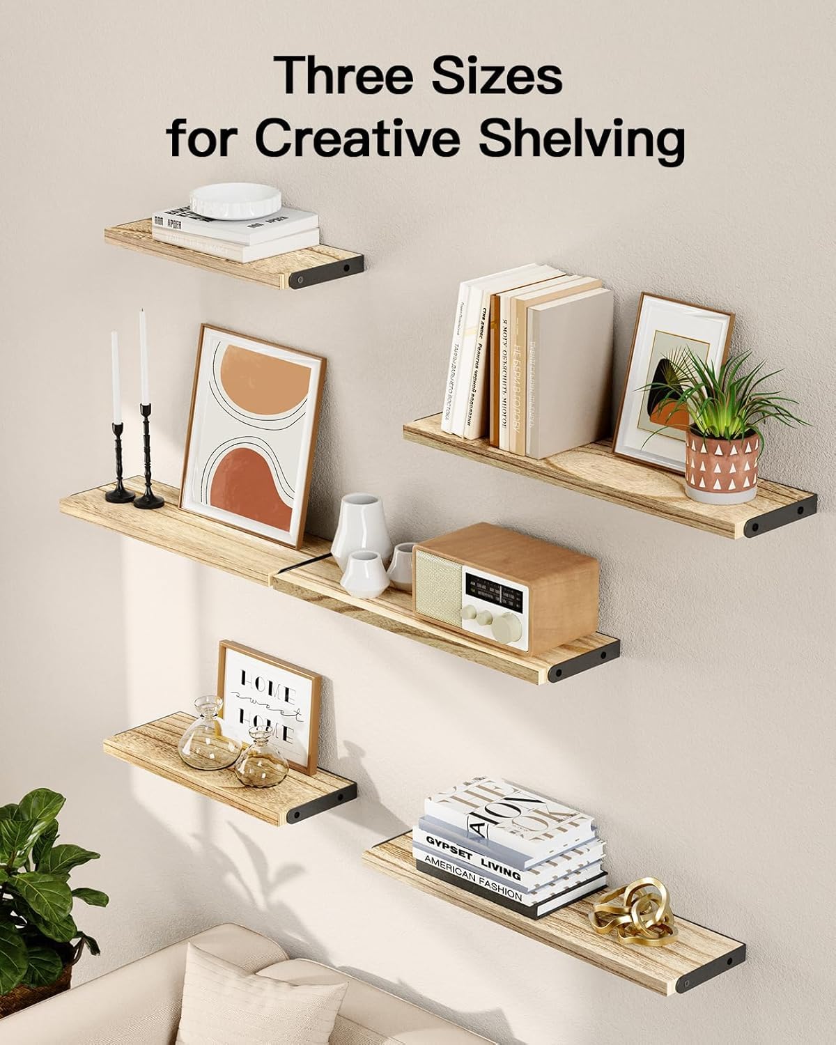 AMADA HOMEFURNISHING Wall Shelves Set of 6, Rustic Farmhouse Style, Wood Floating Shelves for Wall Decor, Bathroom & Bedroom Storage, Living Room Book Shelves, 6pcs