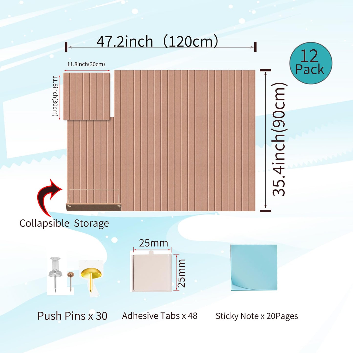 12 Pack Bulletin Boards 48" x 36" Alternative Cork Board for Office,Built-in Storage Device,Large Cork Boards for Walls , Felt Wall Tiles, Contains Removable Security Stickers and PushPins (V-Pink)