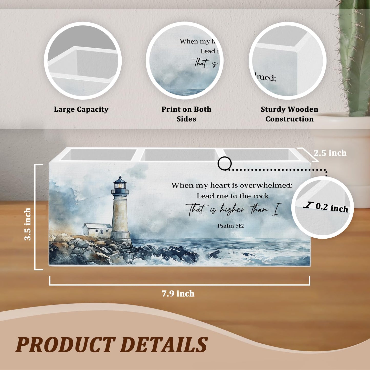 WODMIS Christian Coastal Beach Pen Pencil Holder for Desk, Christian Gifts for Women Men, Nautical Lighthouse Bible Verse Wooden Box Organizer Decorations for Home Office Desk Accessories Tabletop